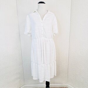 Kensie Dress Women's sz 10 White Puff-Sleeve Midi Dress Lined Button Down Tiered